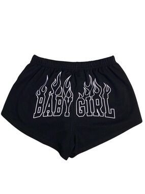 SHEIN Black Short Shorts with White 'BABY GIRL' Flame Graphic